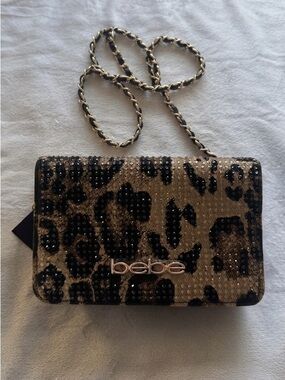 bebe Leopard Beaded Crossbody in Gold and Black